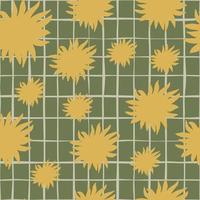 Random seamless pale pattern with orange star silhouettes. Scribble ornament on green chequered background. vector