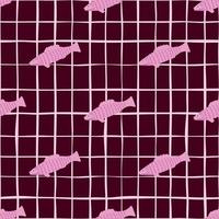 Creative bright seamless pattern with pink fish silhouettes. Hand drawn animal sea life artwork with chequered dark maroon background. vector