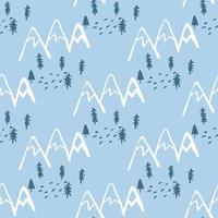 Seamless pattern with trees and mountains on blue background. Scandinavian endless woodland wallpaper. vector