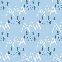 Seamless pattern with trees and mountains on blue background. Scandinavian endless woodland wallpaper. vector