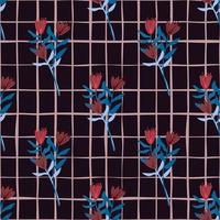 Seamless floral pattern with red tulip bouquets. Dark maroon background with check. Simple backdrop. vector