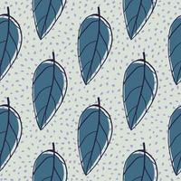Seamless hand drawm foliage shapes pattern. Outline leaves figures in navy blue color on grey dotted background. vector