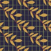 Autumn herbal orange branches pattern on dark blue chequered background. vector