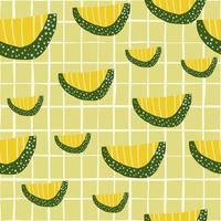 Random melon slices hand drawn seamless pattern. Bright fruit print in yellow summer color on check background. vector