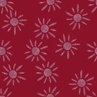 Random seamless pattern with lilac ethnic sun silhouettes. Maroon background. Simple design. vector