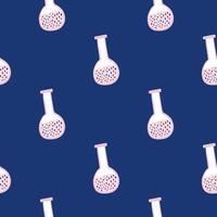 Lilac liquid in flask seamless doodle pattern. Navy blue background. Simple hand drawn ornament. vector