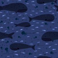 patrón marino impecable con cahalots y ballenas. Estampado de animales marinos y malas hierbas en tonos azul marino. vector