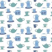 Isolated tea ceremony seamless doodle pattern. Blue cups and teapots silhouettes on white background.