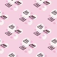 Pastel tones seamless pattern with black contoured crown and heart silhouettes. Light pink background with white splashes. vector