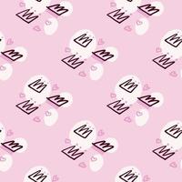 Pastel tones seamless pattern with black contoured crown and heart silhouettes. Light pink background with white splashes. vector