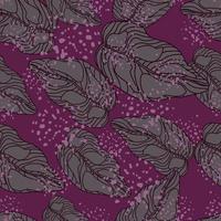 Botanic seamless pattern with dark grey leaves ornament. Purple background with splashes. vector