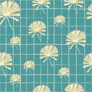 Hand drawn seamless pattern with random doodle palm licuala shapes. Turquoise chequered background. vector