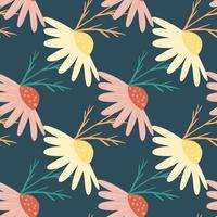 Decorative seamless pattern with doodle chamomile flowers print. Navy blue background. Yellow and pink flowers. vector