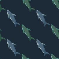 Minimalistic danger predator seamless pattern with blue and green sharks print. Dark background. vector