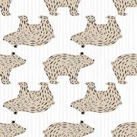 Beige dashes polar bear ornament seamless pattern in doodle style. Light striped background. Cartoon artwork. vector