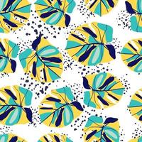 Random summer seamless monstera pattern. Yellow and turquoise tropic leaves on white background with splashes. vector