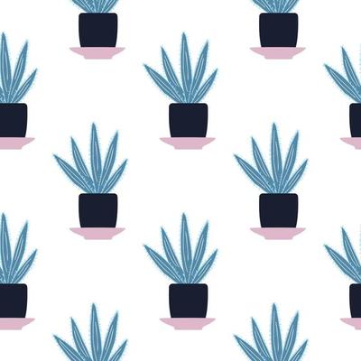 Seamless pattern with cactus in pot on white background. Simple textile ornament.