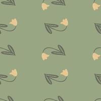 Scandinavian seamless doodle pattern with contoured campanula flowers. Green background. Pale palette artwork. vector