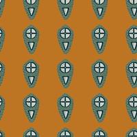 Hand drawn simple chield seamless pattern. Medieval protection print in green tones on orange background. vector