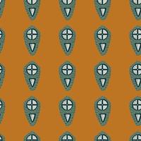 Hand drawn simple chield seamless pattern. Medieval protection print in green tones on orange background. vector