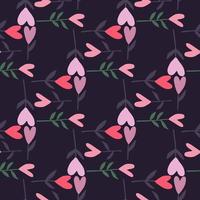 Twigs with hearts dark seamless doodle pattern. Pink and lilac tones elements on black background. vector