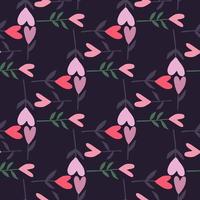 Twigs with hearts dark seamless doodle pattern. Pink and lilac tones elements on black background. vector