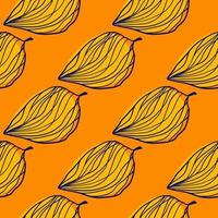 Yellow outlined leafs seamless pattern. Hand drawm elements on bright orange background. vector