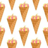 Isolated seamless pattern with ice cream. Frozen cream in waffle cone on white background. vector