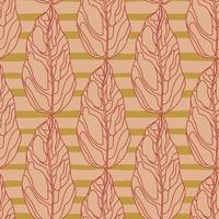 Pink pale contoured outline leaf silhouettes seamless pattern. Botanic ornament on striped background with ocher lines. vector