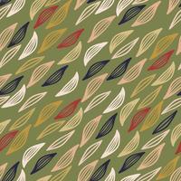 Autumn herbal pattern with red, orange, pink and white outline leaves. Green background.