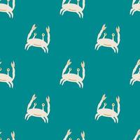 Bright seamless marine pattern with white crabs ornament. Turquoise background. vector