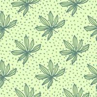 Simple cannabis ornament with green outline leaves. Light yellow background with dots. vector