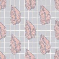 Hand drawn seamless doodle pattern with botanic pink outline leaves. Grey chequered background. vector