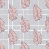 Hand drawn seamless doodle pattern with botanic pink outline leaves. Grey chequered background. vector