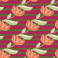 Seamless pattern with floral poppy flowers shapes. Diagonal ornament. Pink striped background. Simple print. vector