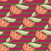 Seamless pattern with floral poppy flowers shapes. Diagonal ornament. Pink striped background. Simple print. vector