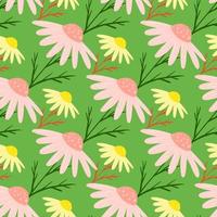 Summer style seamless pattern with cute pink and yellow chamomile flowers shapes. Green background. vector
