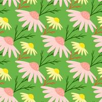 Summer style seamless pattern with cute pink and yellow chamomile flowers shapes. Green background. vector