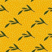 Green diagonal leaves branches elements seamless pattern. Orange dotted background. Nature backdrop. vector