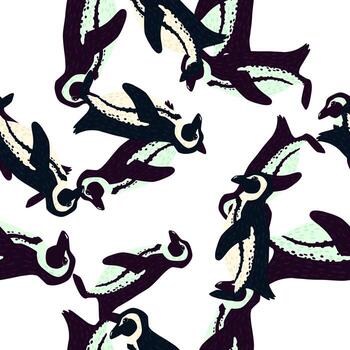 Isolated random seamless pattern with doodle penguins silhoettes. White backround. Abstract zoo backdrop. vector