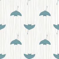 Doodle style seamless pattern with blue stingray silhouettes. Light striped background. vector