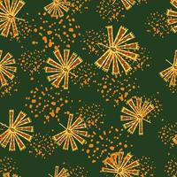 Spring abstract seamless pattern with random orange folk licuala palm ornament. Green background. vector