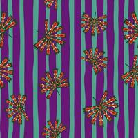 Seamless pattern with random folk licuala palm print in geometric style. Purple striped background. vector