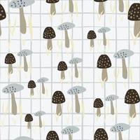 Random seamless pattern with doodle mushroom figures. Light background with check. Blue and brown colored wild fungus. vector