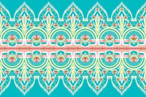 Yellow, Green, Pink Flower on Blue Teal. Geometric ethnic oriental pattern traditional Design for background,carpet,wallpaper,clothing,wrapping,Batik,fabric, vector illustration embroidery style