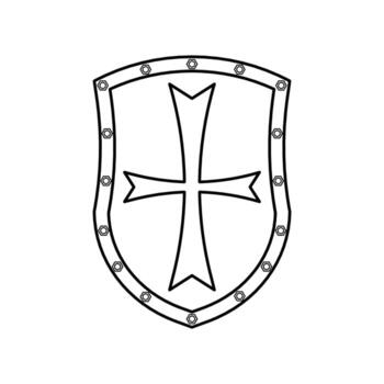 Shield with Cross Black and White Icon in Outline Style on a White Background Suitable for Logo, Military, Security Icon. Isolated vector