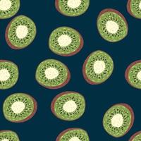 Random seamless pattern with green kiwi slices ornament. Navy blue background. Simple food backdrop. vector