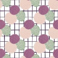 Dot circles bright doodle pattern with white chequered background. Purple, light green and pink figure elements. vector