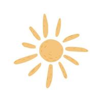 Sun with sparkle isolated on white background. Cartoon cute yellow color in doodle. vector