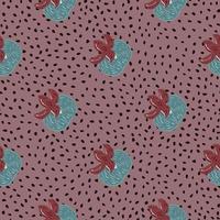 Pale tones seamless pattern with persimonn blue ornament. Dark pink dotted background. vector